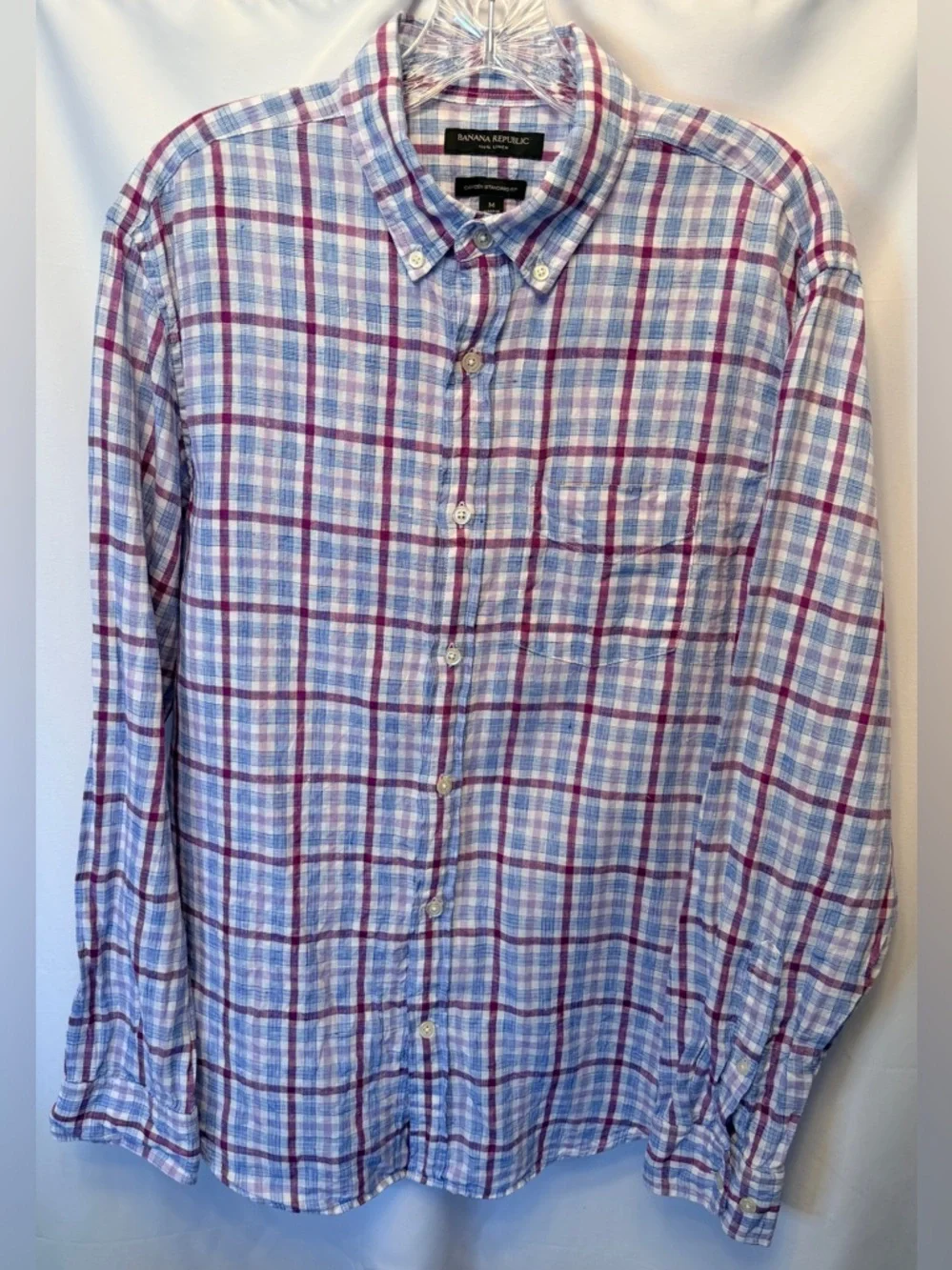 Banana Republic 100% Linen Men’s Medium Long Sleeve Camden Fit Plaid‎ Button Up